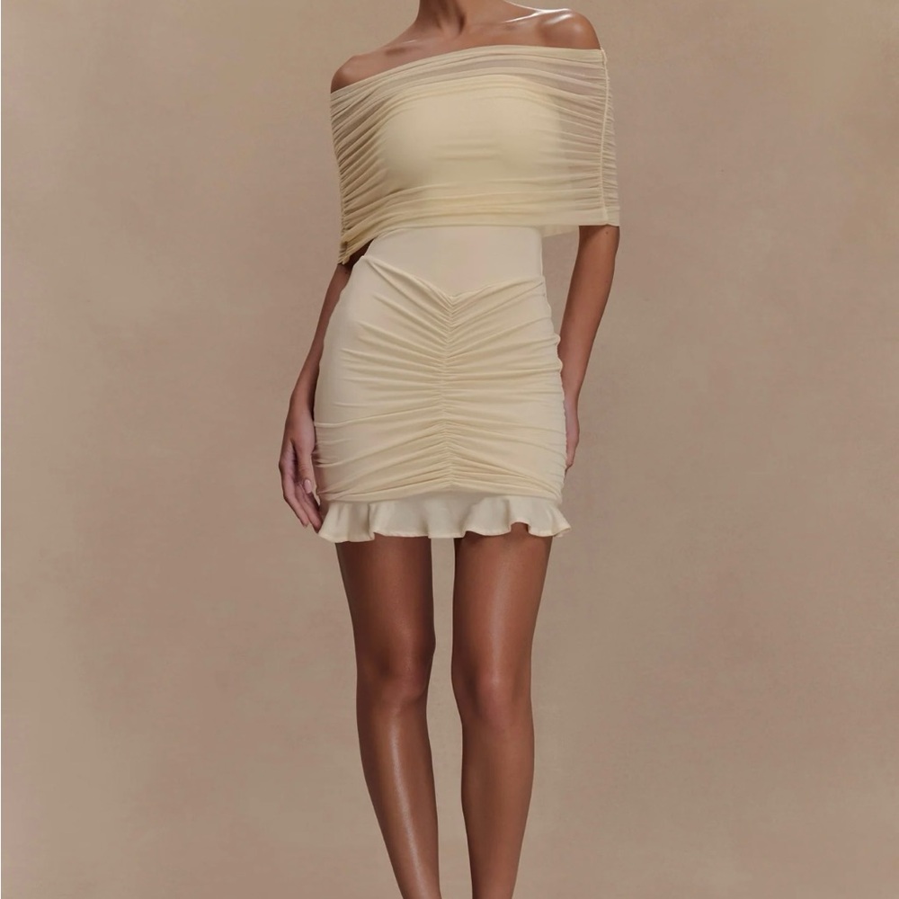 Meshki Ivory Caspian Slinky and Mesh Off-Shoulder Ruched Mini Dress